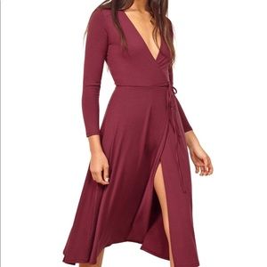 Reformation Maurie midi wrap dress aubergine